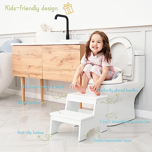 Kids Wooden Step Stool for Bathroom Sink – White Toddler Two-Step Platform with Non-Slip Mats (Variation: White)