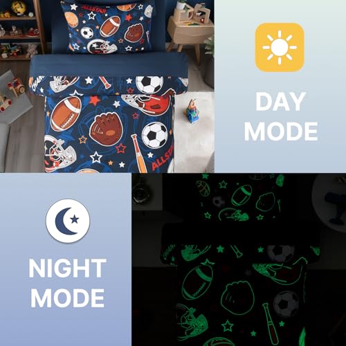 Wink Deer Glow in the Dark Twin Comforter Set for Boys - Sports Ball Pattern, 5 Pieces, Bedtime Glow Environment