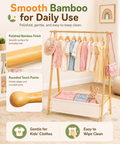Homde Bamboo Kids Clothes Rack 66 lb Capacity Foldable Wardrobe Organizer