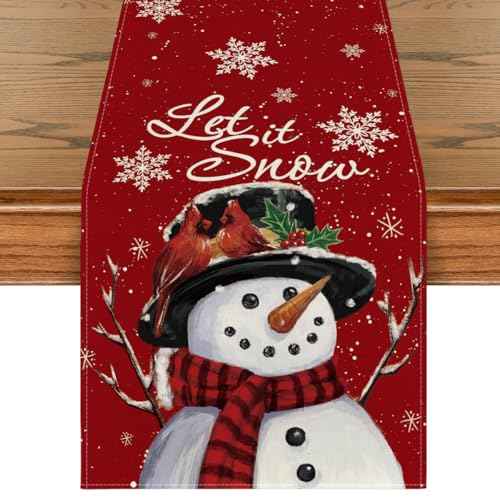 Artoid Mode Red Snowman Let It Snow Winter Table Runner, Seasonal Christmas Kitchen Dining Table Decoration for Home Party Indoor 13x72 Inch
