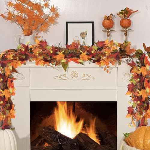 5.9 FT Fall Leaves Decor Fall Garland with Seeds, Fall Decorations Maples Leaves Garland Autumn Harvest Halloween Thanksgiving Decor Indoor Outdoor
