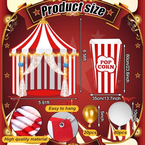 Carnival Party Decorations Set - Red White Circus Tent Backdrop & Balloons