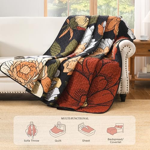 Queen Size Boho Floral Quilt Set - Reversible Bedspread with Pillow Shams