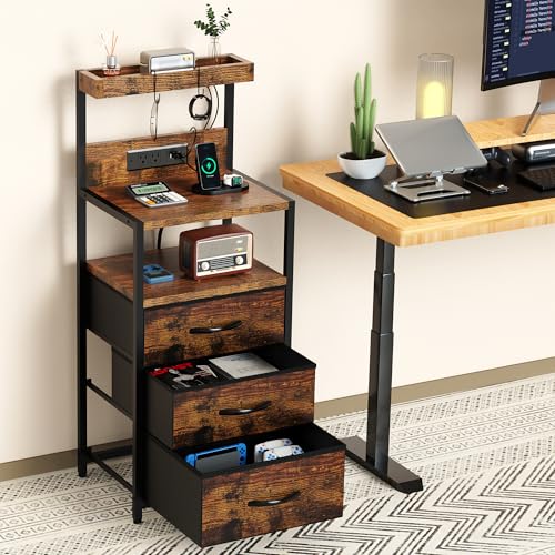 Rustic Brown Nightstand with Charging Station & 3 Fabric Drawers - 15.7"W x 38.6"H