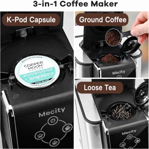 Mecity 3-in-1 Coffee Maker with 50oz Reservoir, Compatible with K-Cup, Silver & Black