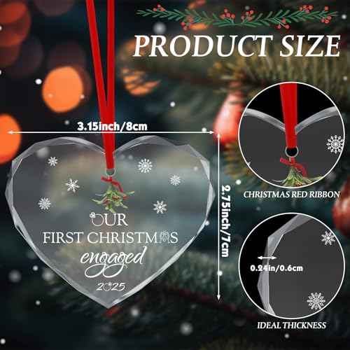 Thyle Engagement Gifts for Couples 2025 Heart Shaped Mistletoe Pattern Crystal Just Married Ornaments First Christmas Engaged Ornament for Newly Engaged Couples and Fiance Gifts for Women