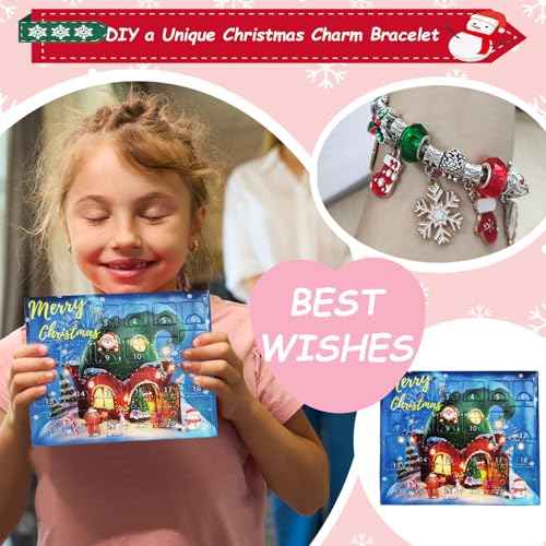 Christmas Advent Calendar Bracelets,Charm Braceket Making Kit for Girls 24 Days Xmas Valentine's Day Countdown Gift with DIY Jewelry for Girls Teens Women