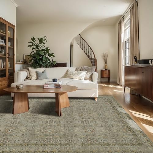 Rugxara 6x9 Olive Green Washable Area Rug Vintage Boho Floral Geometric Pattern