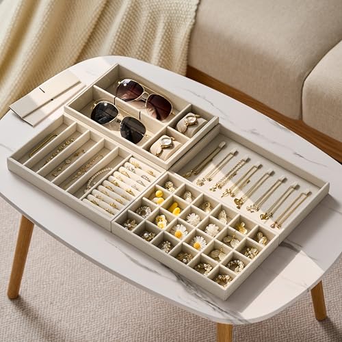 Large Beige Velvet Jewelry Drawer Organizer Trays - 4-Layer Stackable Insert Set with Removable Dividers, Magazine Size