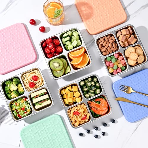 4 Pack Stainless Steel Snack Containers with Silicone Lids - Leakproof Bento Lunch Boxes, Reusable 4-Compartment Food Storage