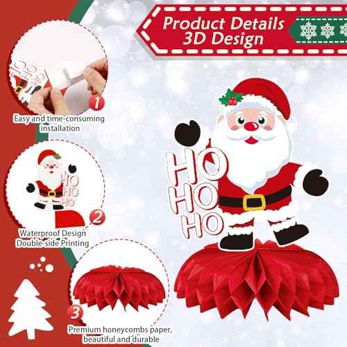 JULMELON Christmas Table Decorations Honeycomb Centerpieces,8 PCS 3D Double Side Xmas Holidays Table Centerpieces Cute Santa Snowman Table Toppers Decor for Christmas Party Supplies