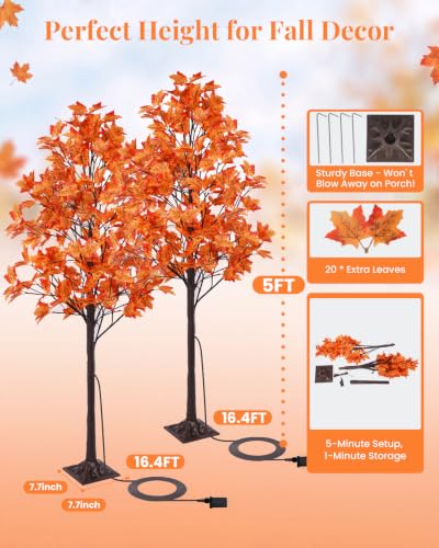 5FT Lighted Maple Tree with 96 LED & 192 Leaves - Fall Decor, Timer, Indoor Outdoor - 2 Pack Variation