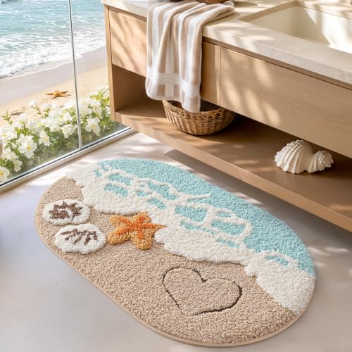 LUMI Blue Beach Bathroom Rug 22x34 Inch Microfiber Absorbent Bath Mat