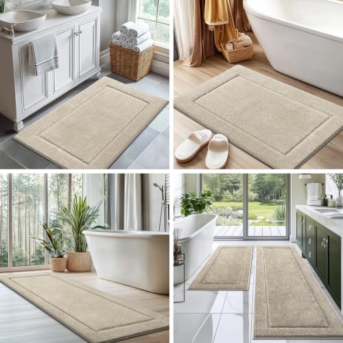 Extra Soft Bathroom Rug 30x60 Inches - Beige Shower Mat with Non-Slip TPR Backing