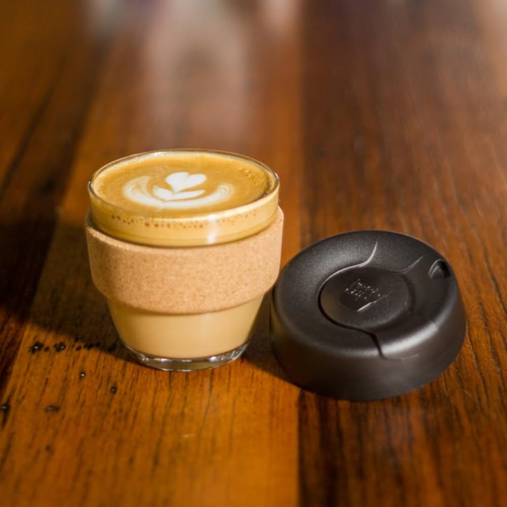 KeepCup Brew Cork, Reusable Glass Tumbler with Natural Cork, Espresso Coffee Cup 6oz / 227ml - Black