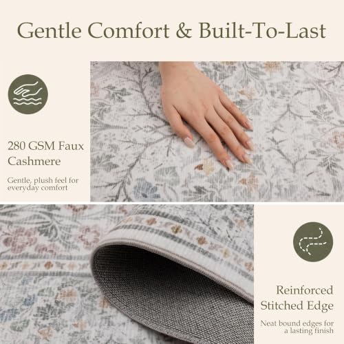 Beige 5x7 Area Rug with Floral Pattern - Washable Faux Cashmere Living Room Carpet - JOLLYVOGUE Variation