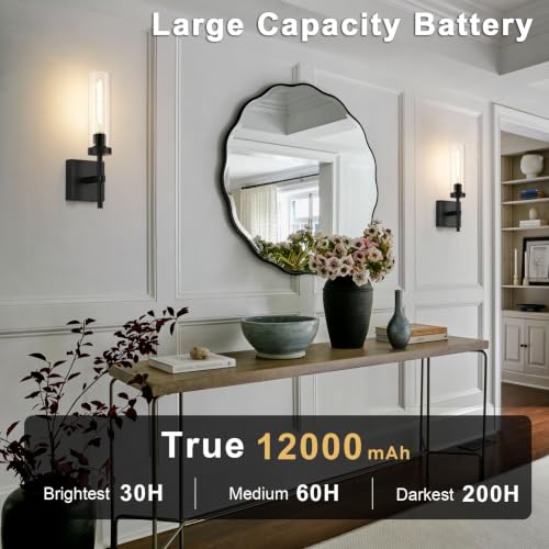 SANTOSTOCK Wireless Wall Sconces Set of 2 with Remote, Rechargeable 16 Inch Glass & Black Finish, Dimmable 3000K