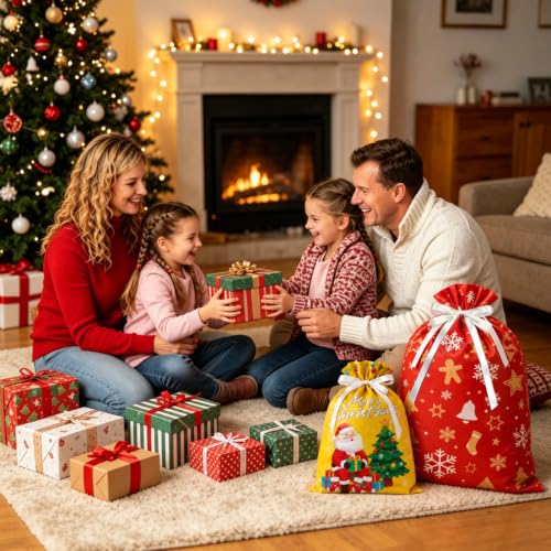 Qrain 32Pcs Christmas Gift Bags Set with Drawstring, Reusable Holiday Wrapping