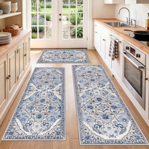 HEBE Boho Kitchen Rugs Set of 3 - Non Slip Washable Floor Mats, Blue, 20x32/48/59 inches