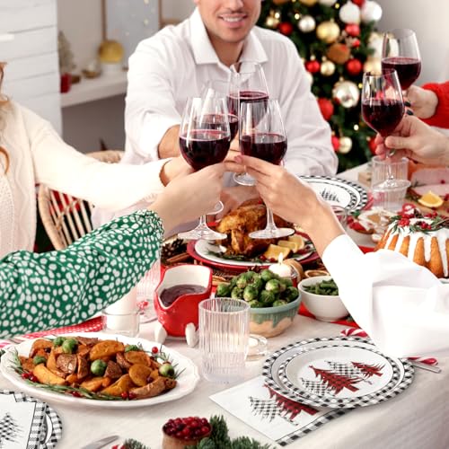 Homlouue 200Pcs Christmas Dinnerware Set — Red & White Tree & Plaid Plates + Napkins (50 Guests) Black & White Variant