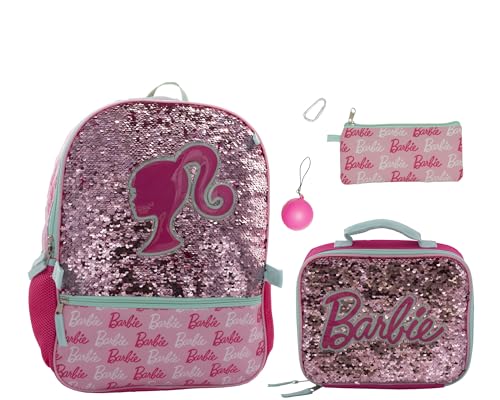 Barbie Pink 4-Piece Backpack Set with Sequin Flip Bag for Girls - School & Travel
