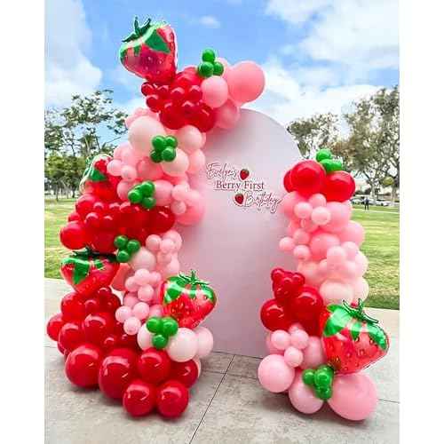 8PCS Gaint Strawberry Balloon Kit, Reusable Cute Strawberry Aluminum Foil Balloons with Straw and Ribbon, For Berry Sweet Birthday Party Decoration Weddings Baby Shower Supplies