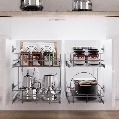 2-Tier Pull Out Cabinet Organizer - Chrome-Plated, 15" W x 22" D, Full Slide