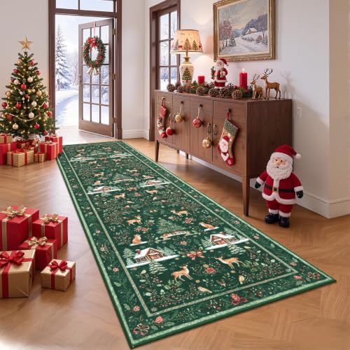Green 2x8 Christmas Runner Rug Non Slip Washable for Kitchen Hallway Entryway