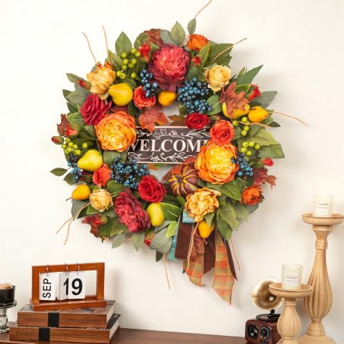 Autumn Wreath for Front Door 24 Inch Harvest Fall Decor - Orange, Red, Gold - Rustic Welcome Sign