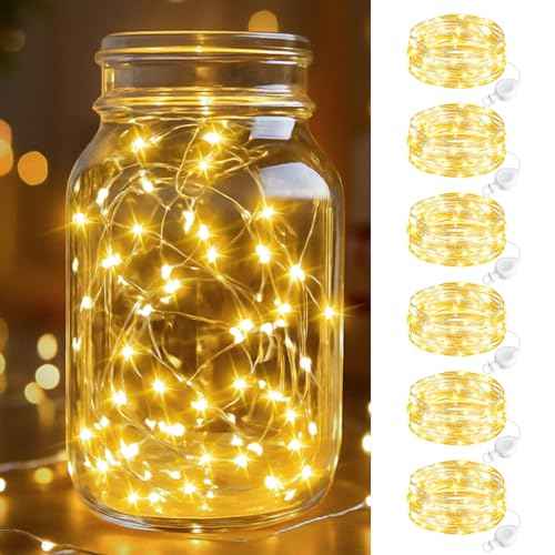 btfarm 6 Pack Fairy Lights Battery Operated, 7FT 20 LED Mini String Lights Waterproof Silver Wire for Mason Jars Centerpiece Table Crafts Bedroom Christmas Decoration, Warm White
