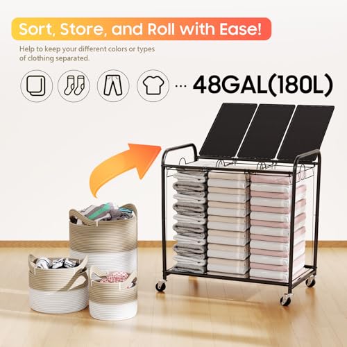 Black 3-Section 180L Rolling Laundry Sorter with Lid and Wheels