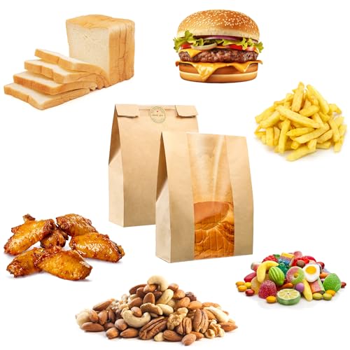 AZLTC 200 Pcs Thickened Sourdough Bread Bags with Window & Labels - Food-Grade Kraft Paper, Leak-Proof & Easy to Display