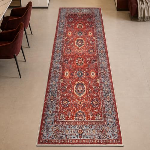 Vintage Washable Runner Rug 2'6 x 12' Non-Slip Low Pile - Red & Turquoise Blue