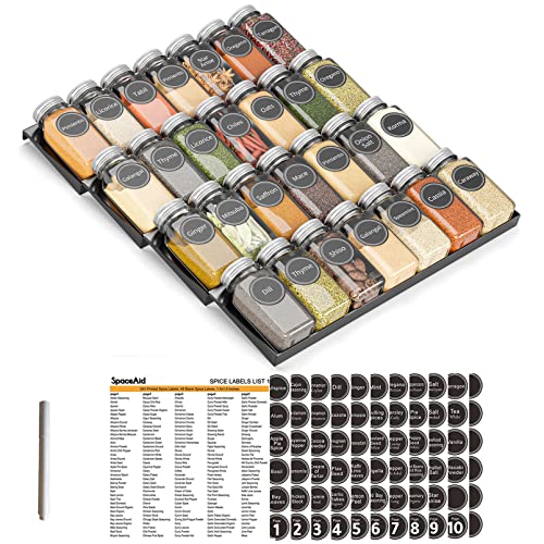 SpaceAid 28-Jar Spice Drawer Organizer Set with 386 Labels, 4-Tier Rack, 13" Wide