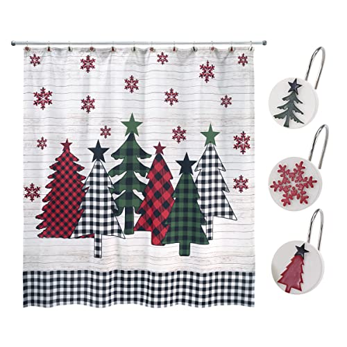 Avanti Christmas Shower Curtain Set with 12 Hooks - 72x72 Inches Holiday Bathroom Decor