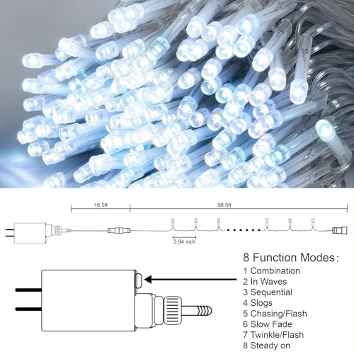 LJLNION 300 LED String Lights 98.5ft White, 8 Modes, Plug-in Waterproof Fairy Lights for Indoor/Outdoor