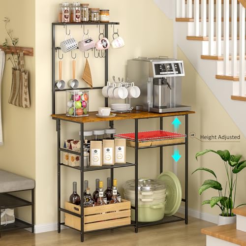 3IngSeagulls Rustic Brown 6-Tier Kitchen Baker's Rack with Adjustable Shelves & Hooks