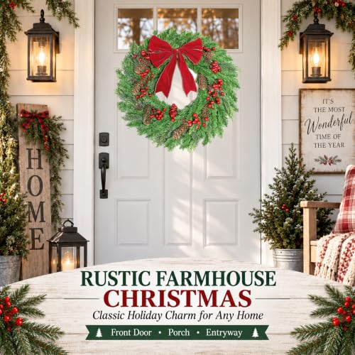 20 Inch Artificial Christmas Wreath for Front Door - Rustic Holiday Decor