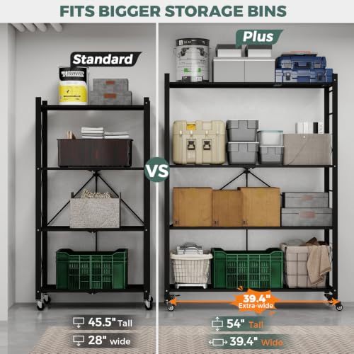4-Tier Foldable Metal Storage Shelves with Wheels - Large Capacity Organizer, Black Plus