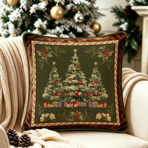 Artmag 24x24 Inch Green Christmas Tree Pillow Cover with Floral Pattern, Velvet Holiday Decor