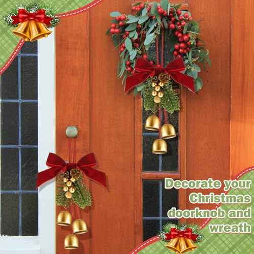 2 Pcs Christmas Wreath Bows with Jingle Bells and Pinecone Hanging Christmas Tree Topper Xmas Bow Pine Cones with Bell Pendant Decorative Bows Ornament for Party Decoration Kitchen Cabinet