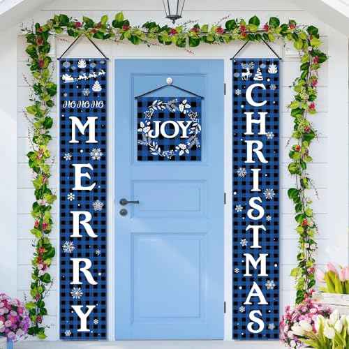 Tatuo 3 Piece Merry Christmas Porch Signs Christmas Buffalo Plaid Porch Banner Xmas Party Front Door Sign for Holiday Home Indoor Outdoor Xmas Party Favor(Blue and Black)