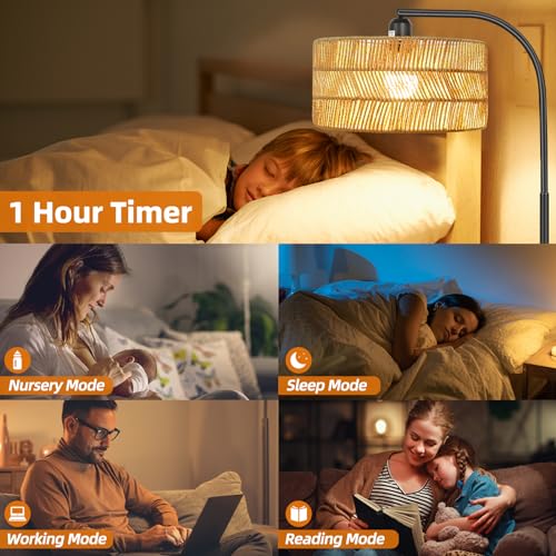 Brilvibera Rattan Floor Lamp- Boho Floor Lamp for Living Room, Rattan Standing Lamps with Dimmable Bulb, Adjustable Rattan Lamp Shades Bohemian Over Couch Lamps for Bedroom, Office