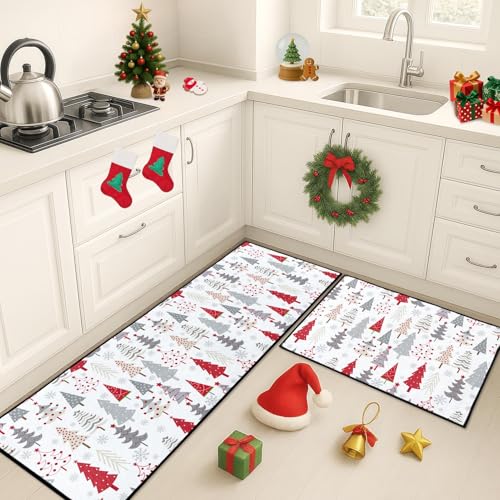 ArtSocket Christmas Tree Kitchen Rugs Set of 2 Non-Slip Washable Holiday Decor