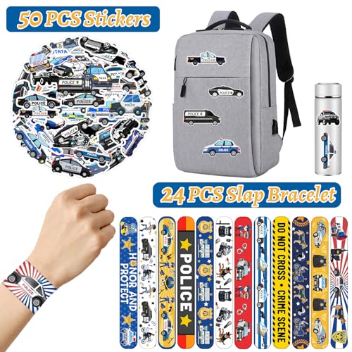 74PCS Party Favors - 24PCS Police Officer Slap Bracelets, 50PCS Stickers for Police Decorations, Kids Gifts, Classroom Rewards, Prizes, Carnival, Christmas