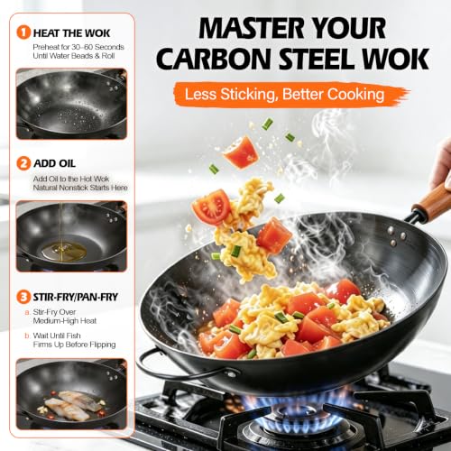 13-Inch Carbon Steel Wok Pan with Glass Lid, Flat Bottom, Pre-Seasoned, Nitrided Technology