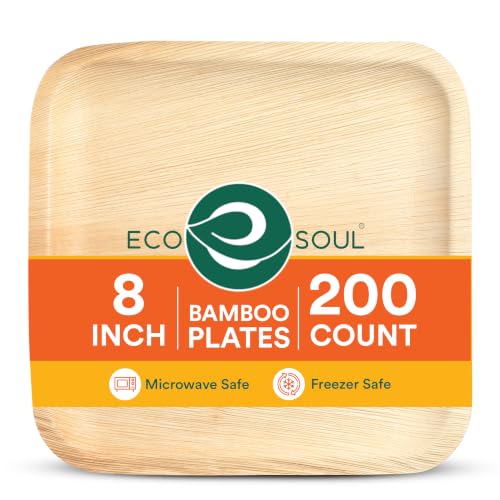 Disposable Bamboo Square Plates 8 Inch - Eco-Friendly Bulk Pack of 200
