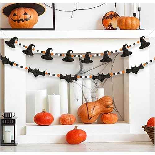 2 Pcs Halloween Bat Decorations Black Felt Bats with Witches Wood Beads Garland Scary Halloween Decoration for Fireplace Mantle Walls Haunted House Decoration (Black-2pcs)