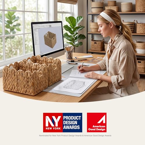 Large Water Hyacinth Basket with Scalloped Edges - Natural Wicker Storage Basket 13 x 8.25 x 7 inches