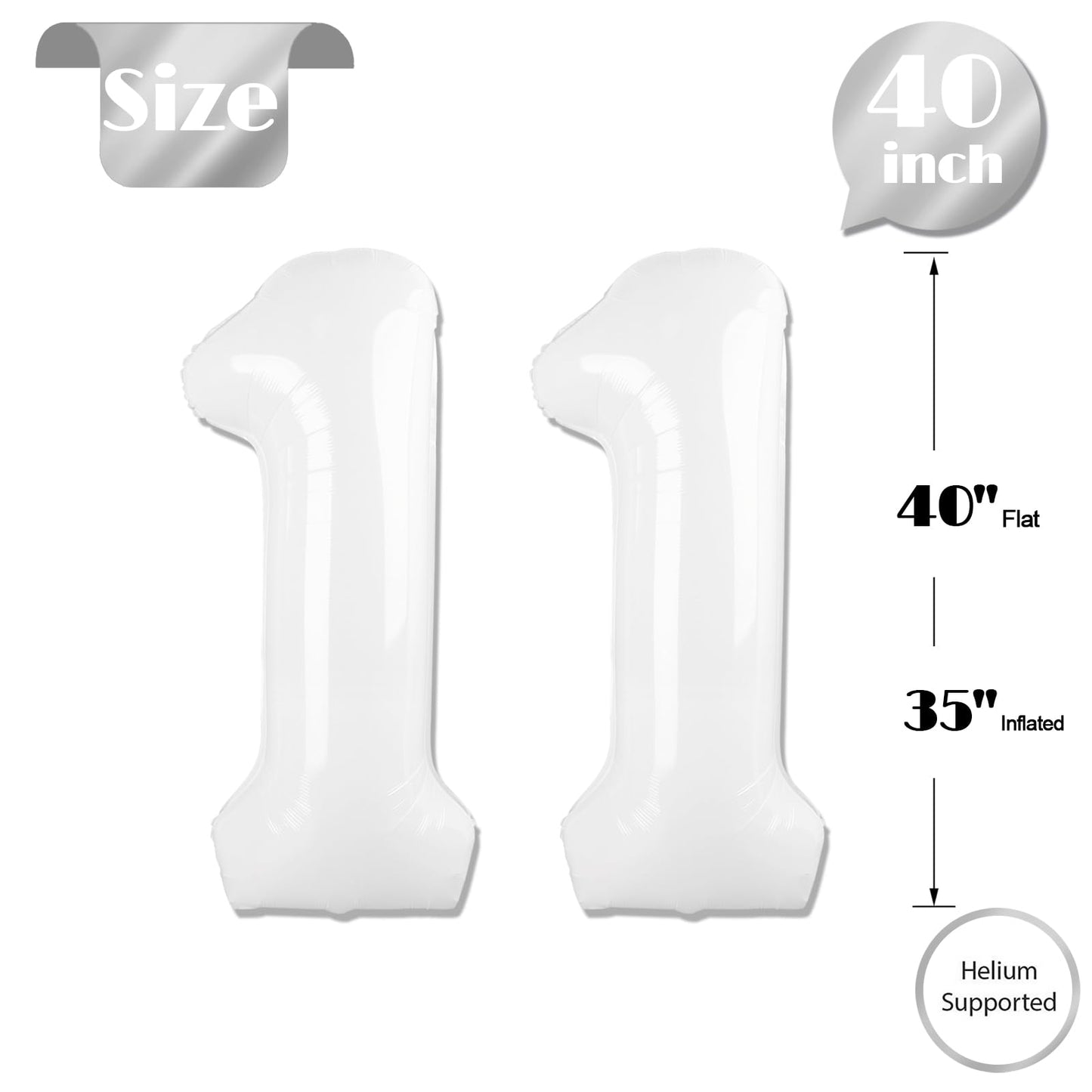 White Number 11 Balloon 40 inch, Translucent 11 Number Balloons, 11th White Birthday Decorations for Girls Boys, 11 Year Old Party Supplies